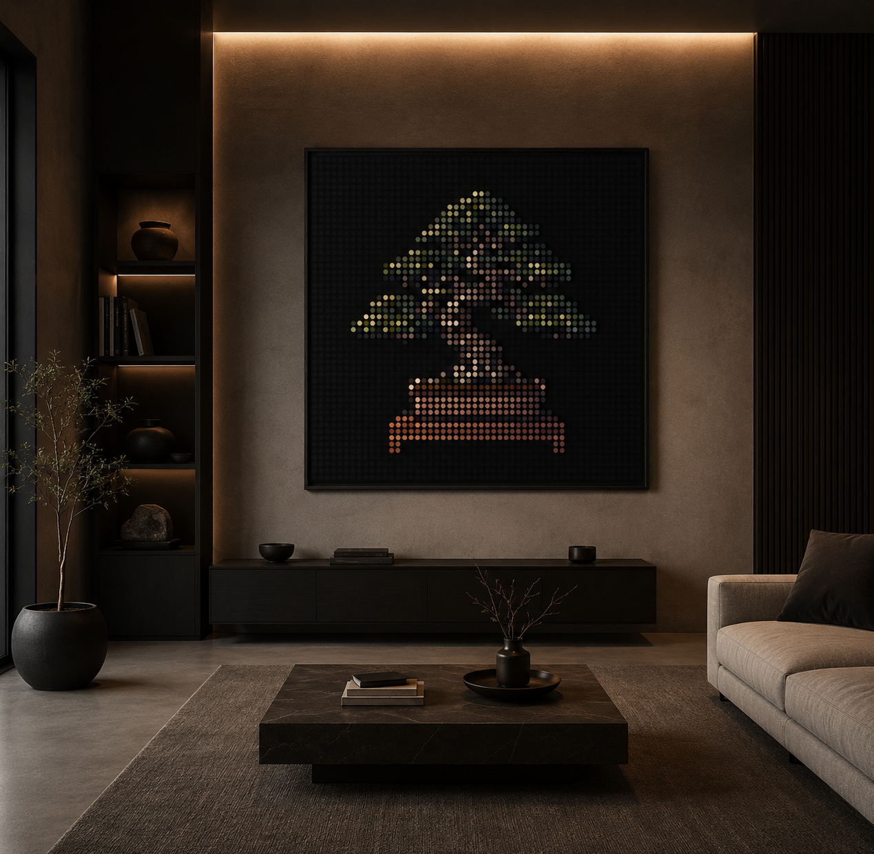 Bonsai — CUBLOK artwork in a dark interior